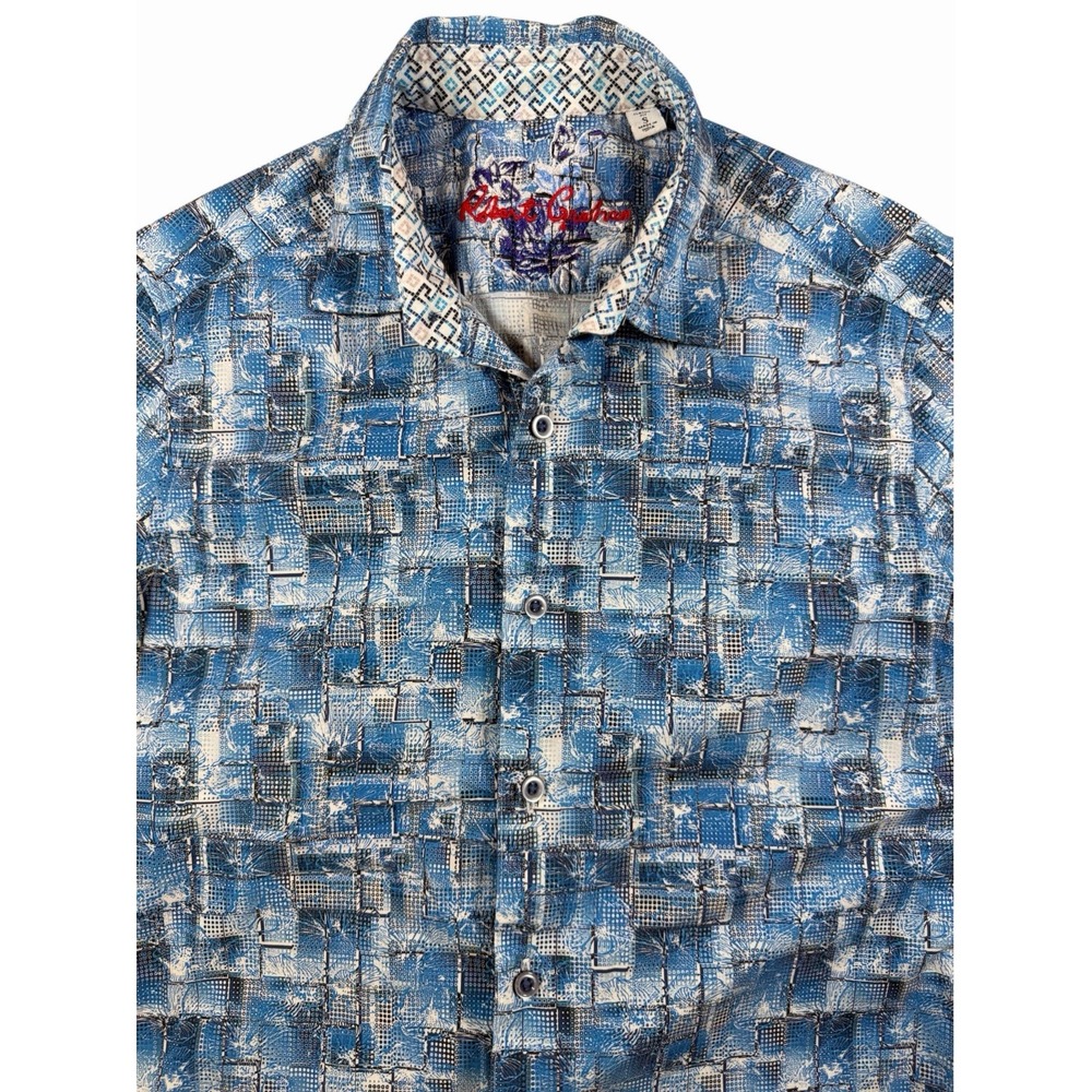 Robert Graham Men Floral Print Blue Short-Sleeve Flip Cuff Shirt Small S